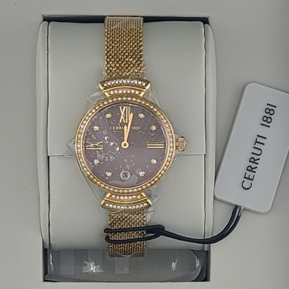 Cerruti 1881 Womens Gold Tone Crystal Mesh Bracelet Watch CIWLH2205503 NEW